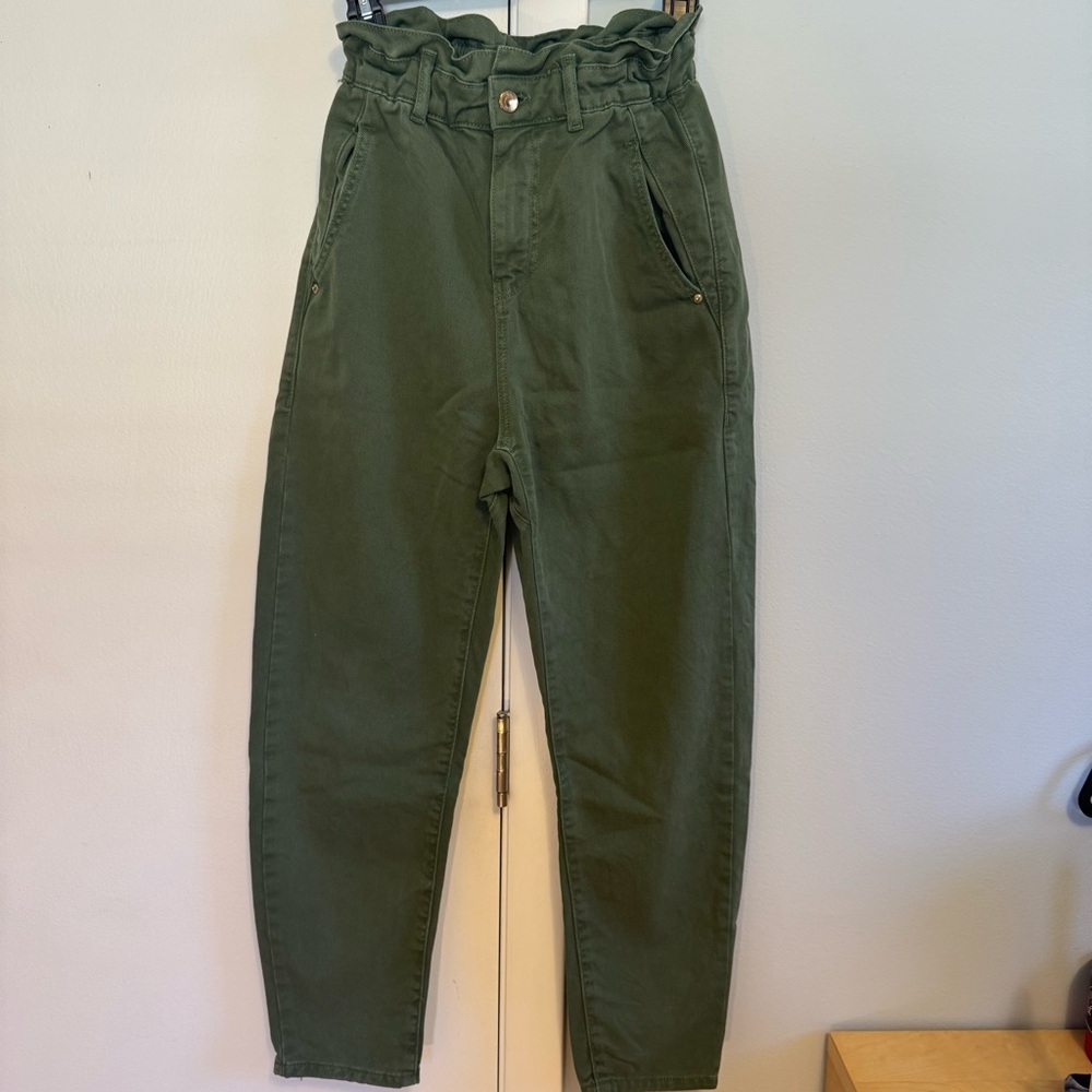 Zara Olive Green cinched high waisted jeans
